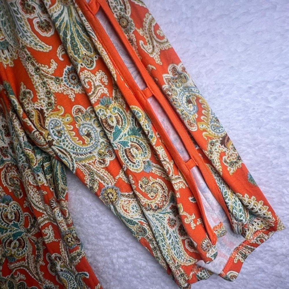 Boho Paisley Blouse 2X Orange Flowy Tunic Cutout Sleeve Resort Top - Picture 5 of 11